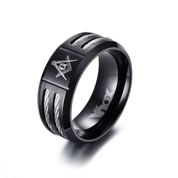Stainless Steel Double Wire Cable Inlay Laser Masonic Black Rings - The Jewellery Supermarket